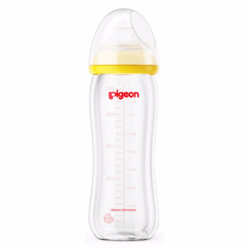 贝亲自然实感宽口径玻璃奶瓶240ml配L奶嘴（黄色旋盖）AA92