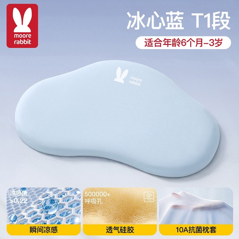 每周秒杀.莫尔兔儿童枕头婴儿云朵硅胶护脊枕   宝宝分区枕1x1x1cm-【10A抗菌 分区护脊枕】冰心蓝 6个月-3岁